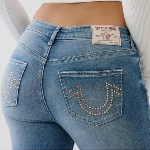 True Religion Denim - True Religion Women's Blue Pink Skinny Jeans Crystal Embellished Pockets size 30